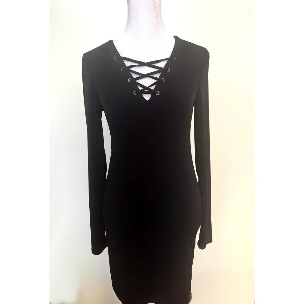 Forever 21 Black Mini Dress Long Sleeve Bodycon V Neck Women's Medium Y2K - Picture 2 of 6